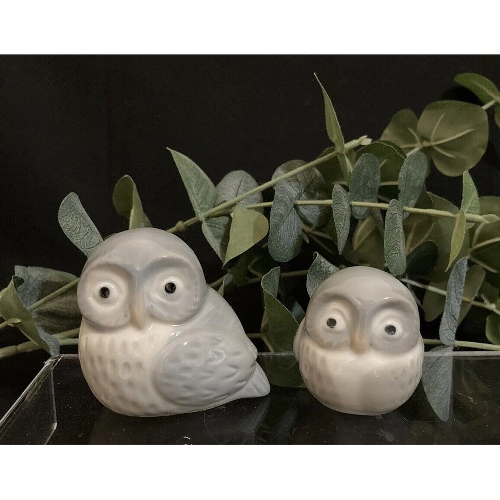 Vintage Owls Ceramic Decorative Figurines Owl Duo Light Gray (Set of 2)